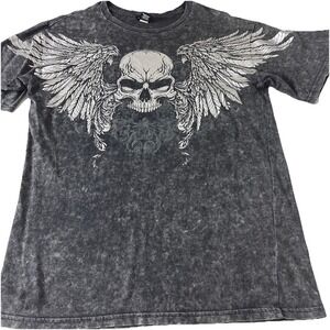 Social Collision M T-Shirt  Skull Wings Gothic Goth Rock Biker Acid Wash Black